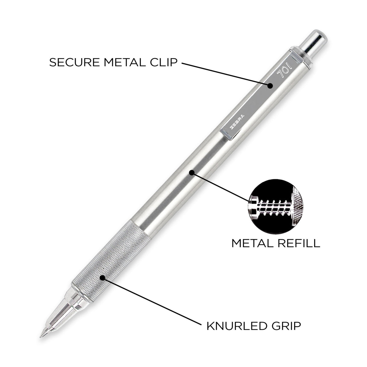 Zebra Pen F-701 Stainless Steel Ballpoint Retractable Pen, Black Ink, Fine Point 0.8mm